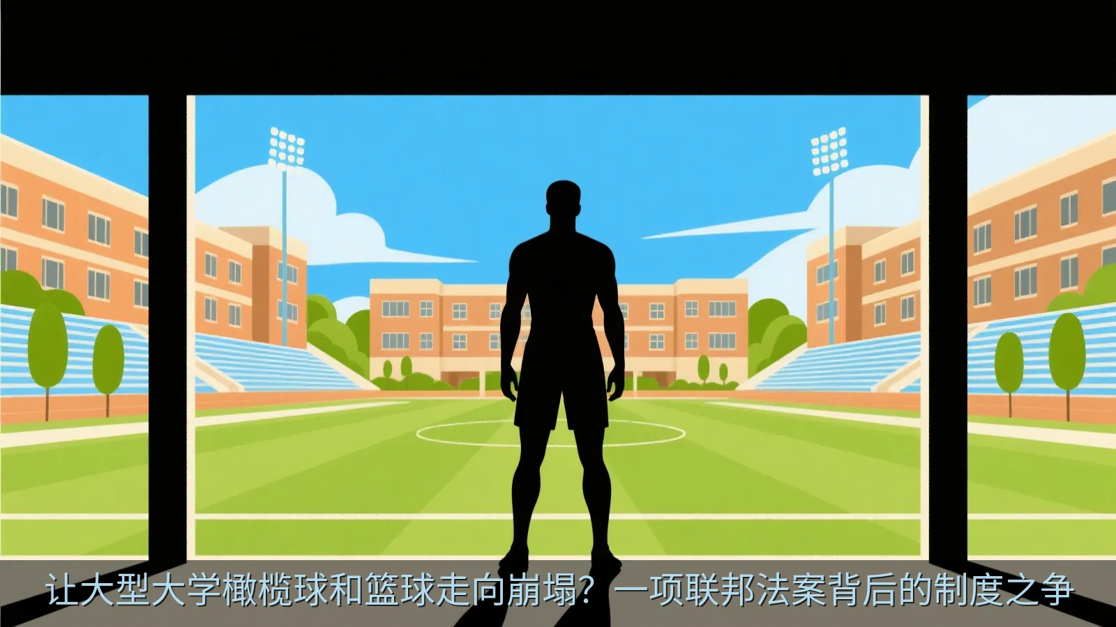 大学校园与职业化体育之间张力的概念插画